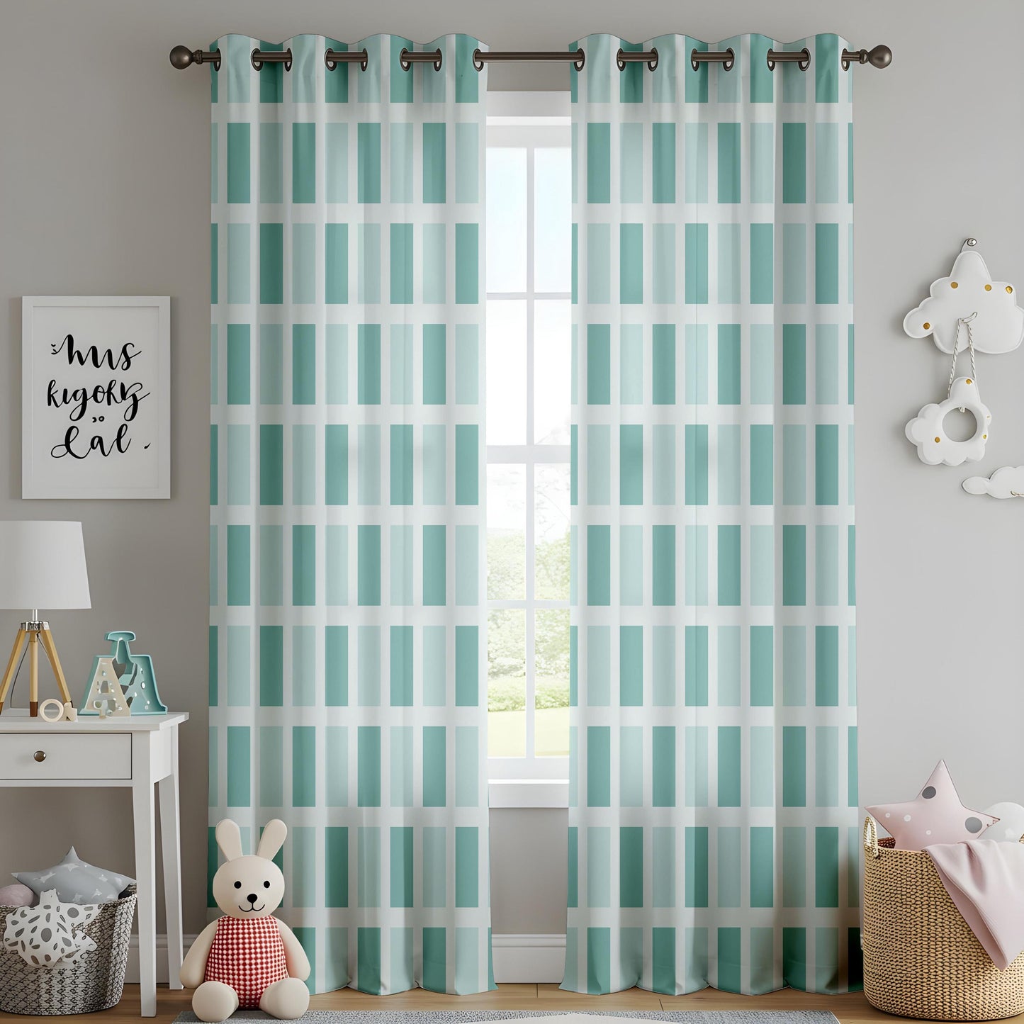Onay Teal Mint Green Geometric Block Curtains – Modern Minimalist Grid Drapes