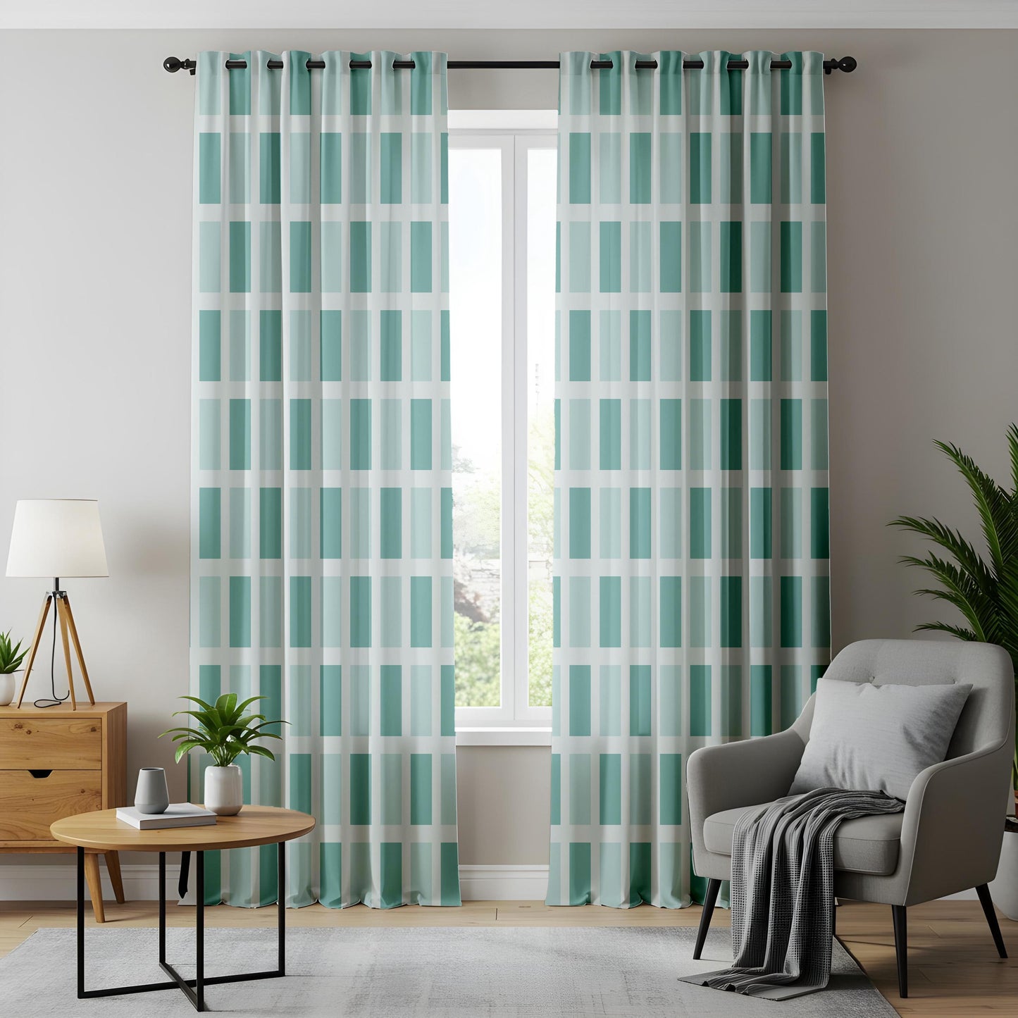 Onay Teal Mint Green Geometric Block Curtains – Modern Minimalist Grid Drapes