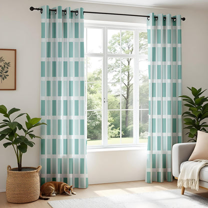 Onay Teal Mint Green Geometric Block Curtains – Modern Minimalist Grid Drapes