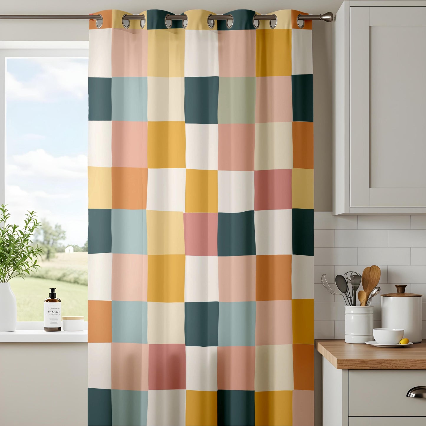 Onay Multicolor Geometric Block Curtains – Mustard Pink Teal Patchwork Drapes