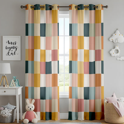 Onay Multicolor Geometric Block Curtains – Mustard Pink Teal Patchwork Drapes