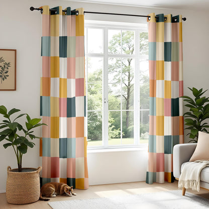 Onay Multicolor Geometric Block Curtains – Mustard Pink Teal Patchwork Drapes