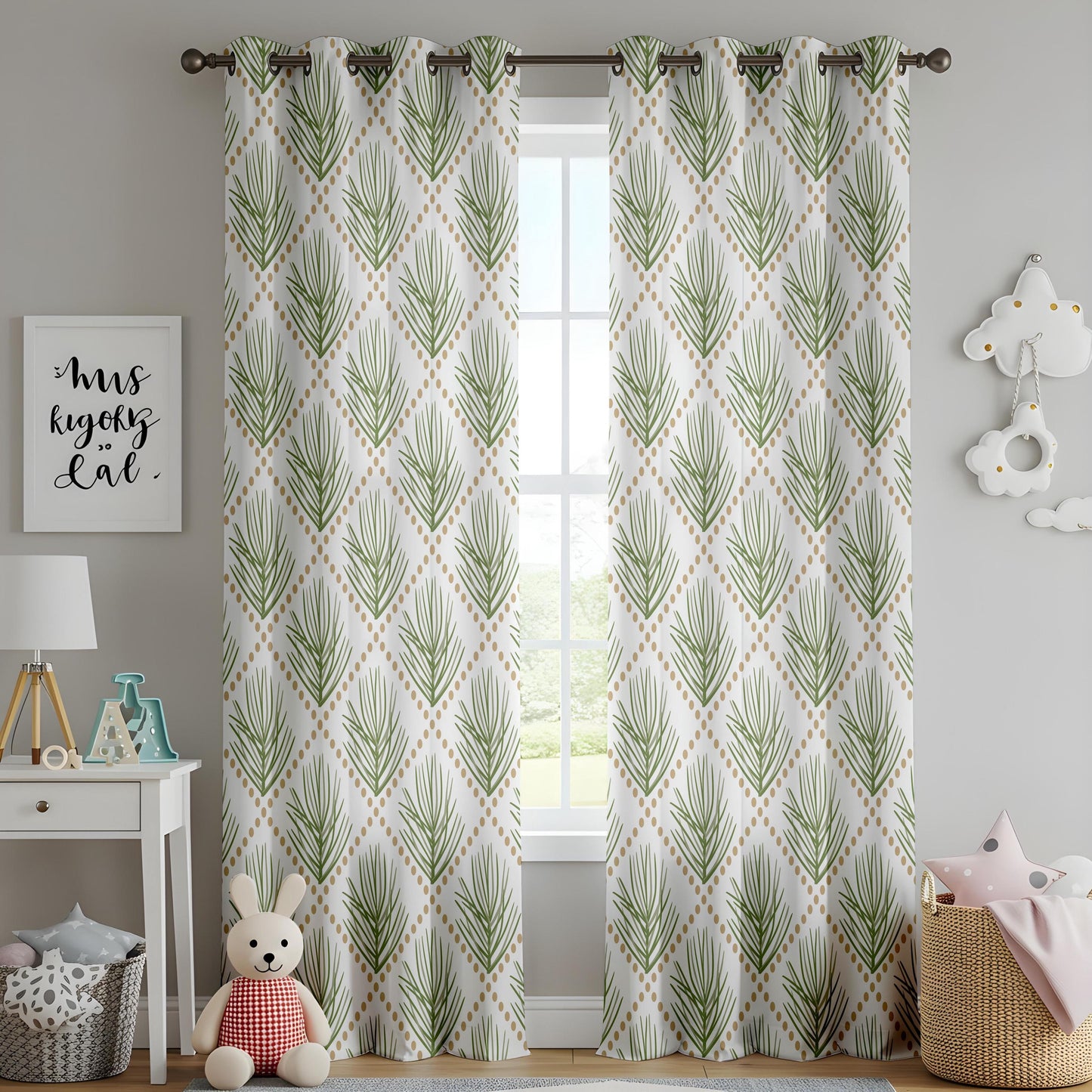Onay Green Pine Needle Geometric Curtains – Boho Botanical Diamond Drapes