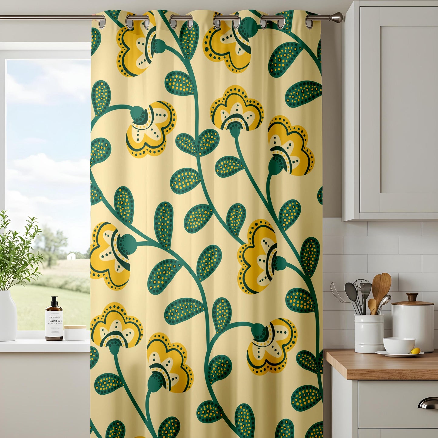 Onay Yellow Green Scandi Floral Curtains – Retro Folk Art Vine Drapes