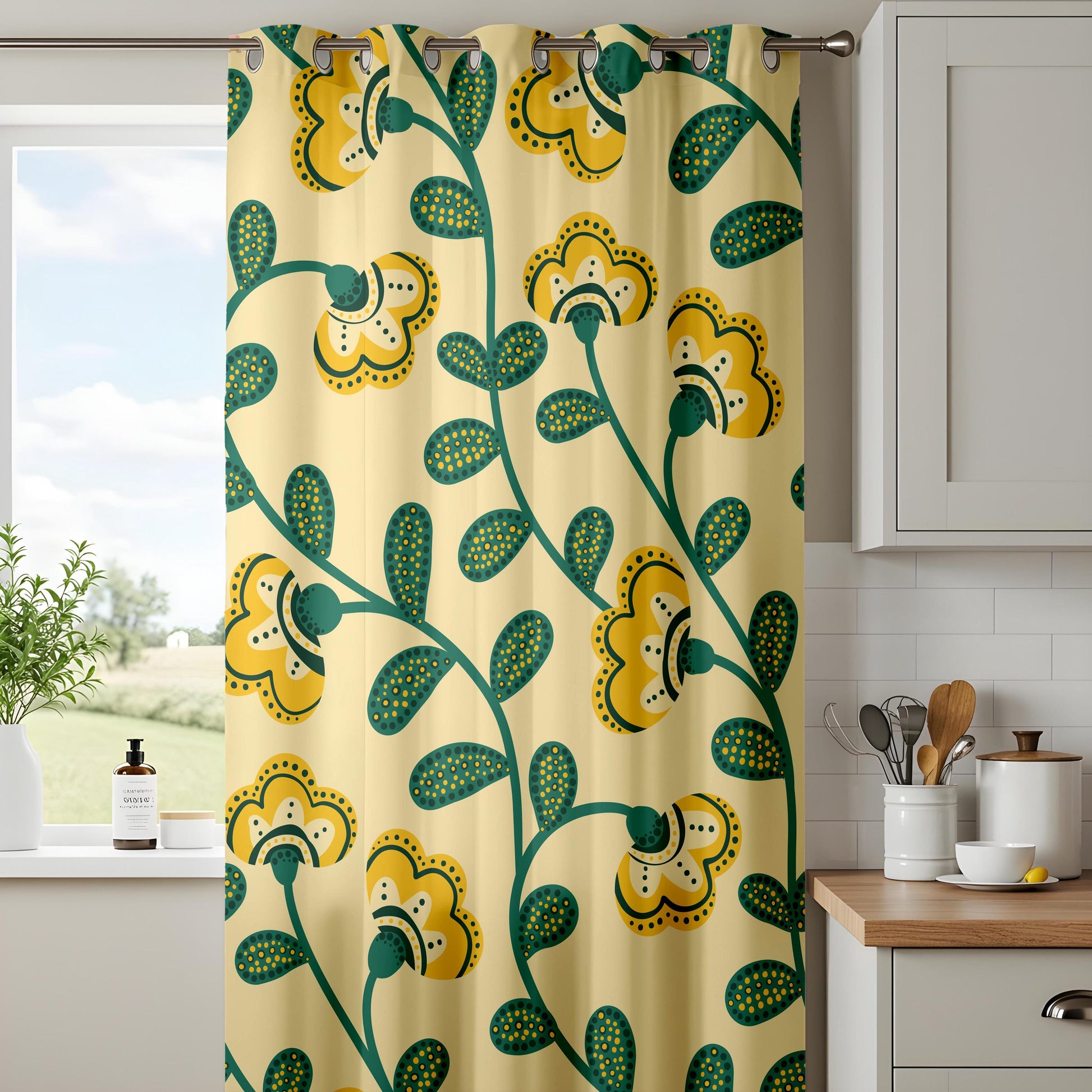 Onay Yellow Green Scandi Floral Curtains – Retro Folk Art Vine Drapes