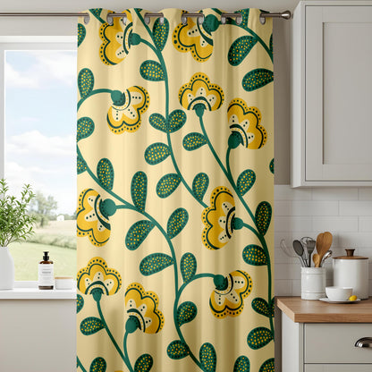 Onay Yellow Green Scandi Floral Curtains – Retro Folk Art Vine Drapes