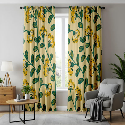 Onay Yellow Green Scandi Floral Curtains – Retro Folk Art Vine Drapes