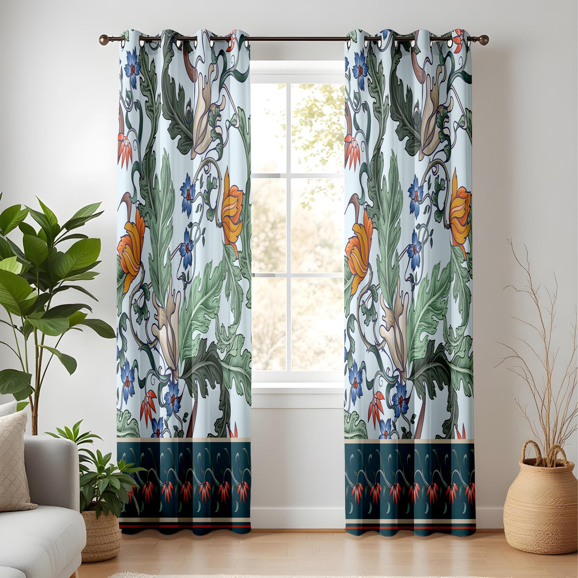 Onay Blue Green Arts and Crafts Curtains – William Morris Style Floral Drapes