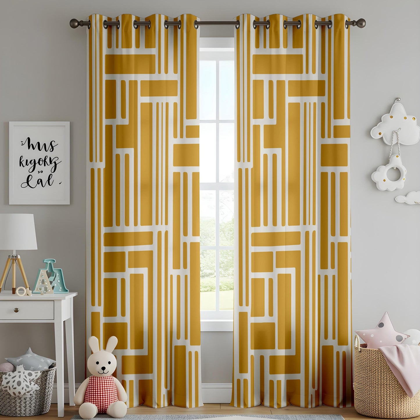 Onay Mustard Yellow Geometric Line Curtains – Mid Century Living Room