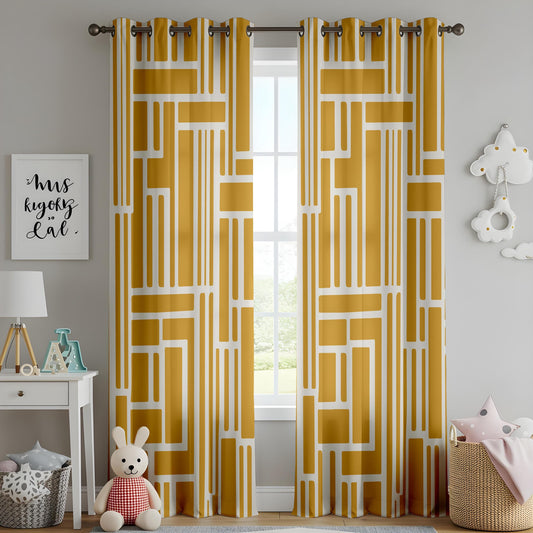 Onay Mustard Yellow Geometric Line Curtains – Mid Century Living Room