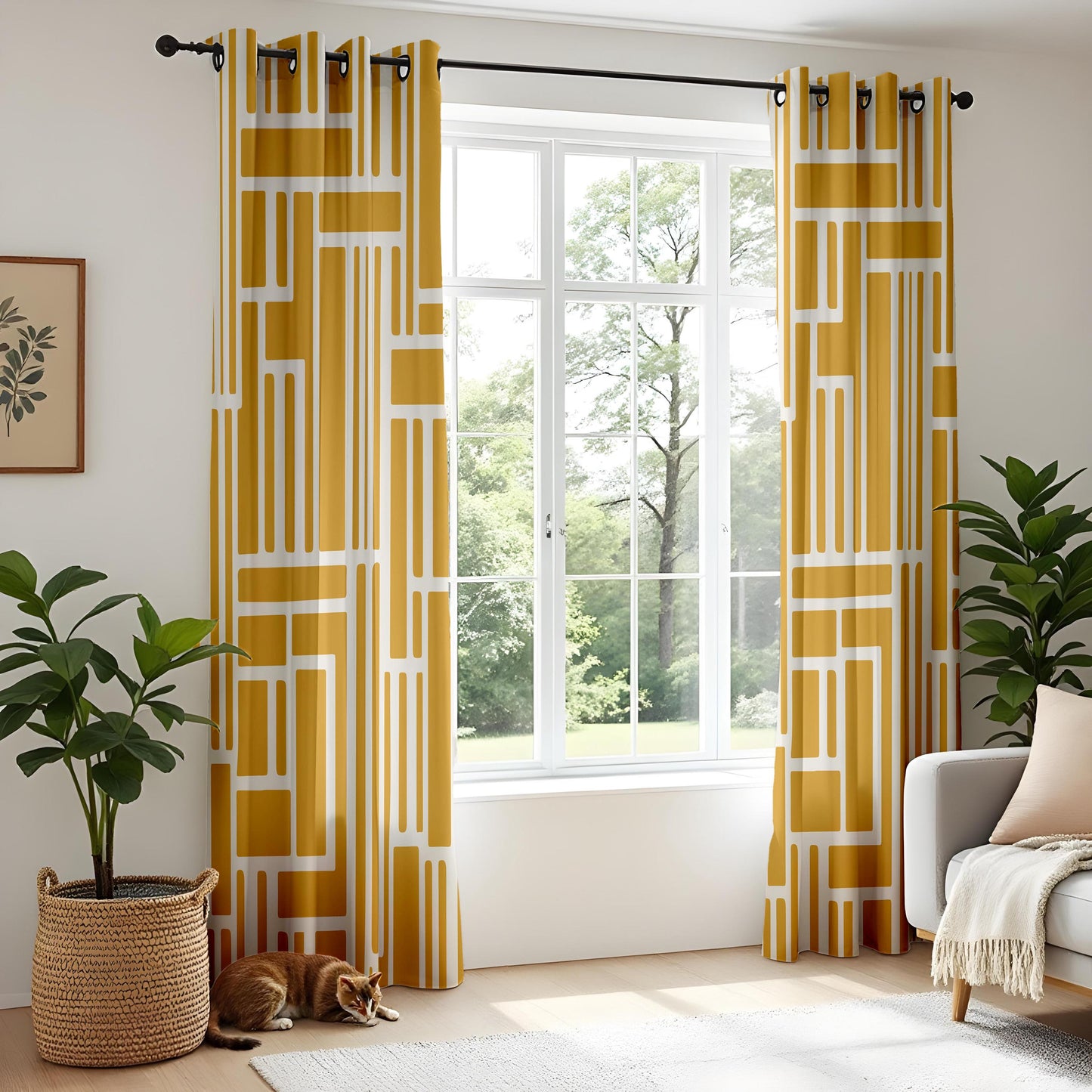 Onay Mustard Yellow Geometric Line Curtains – Mid Century Living Room