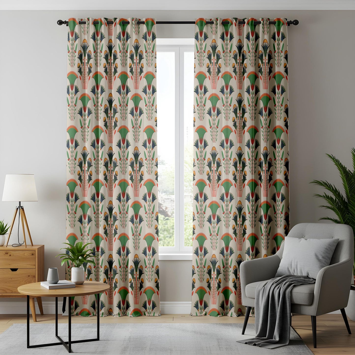 Onay Green Orange Art Deco Fan Curtains – Egyptian Revival Papyrus Drapes