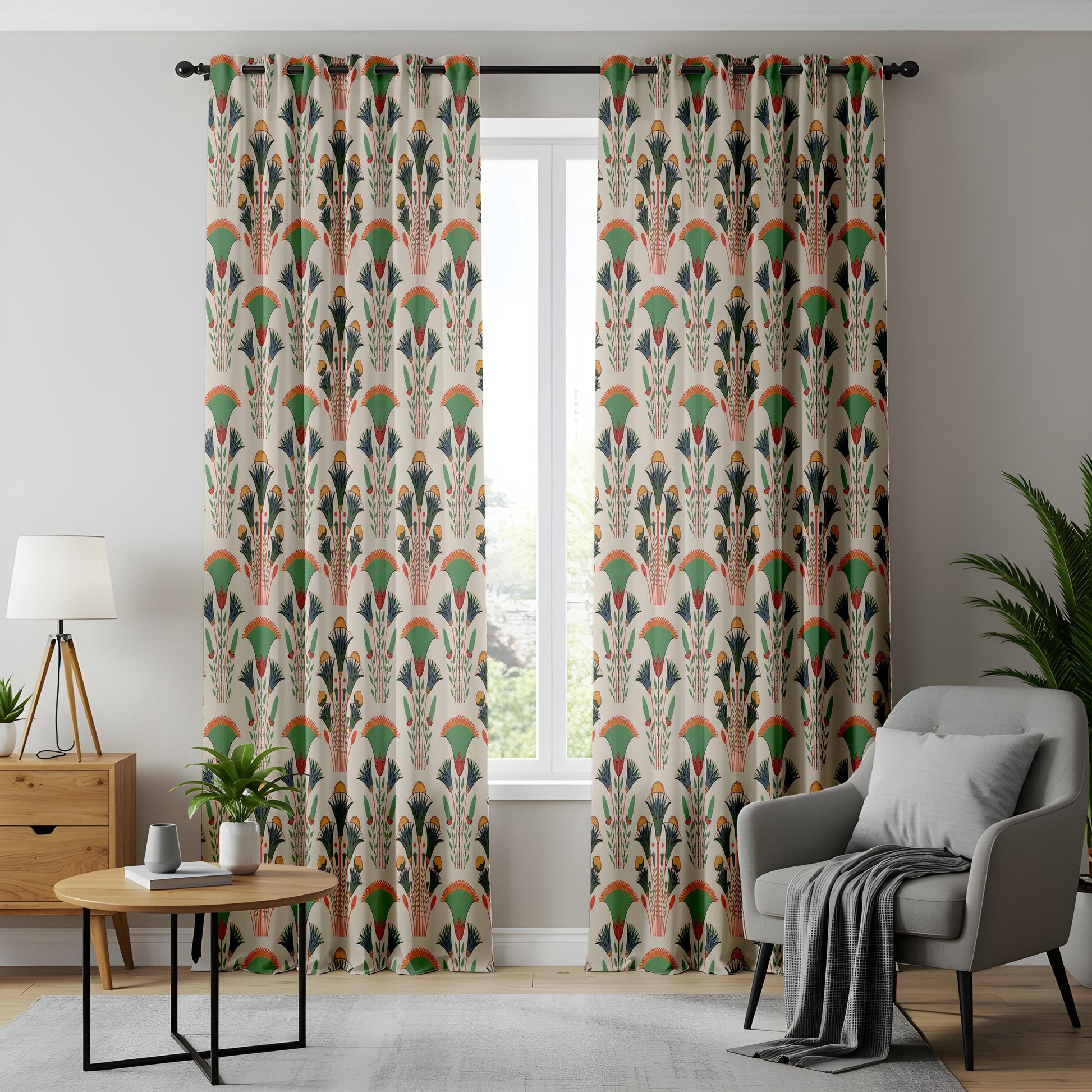 Onay Green Orange Art Deco Fan Curtains – Egyptian Revival Papyrus Drapes
