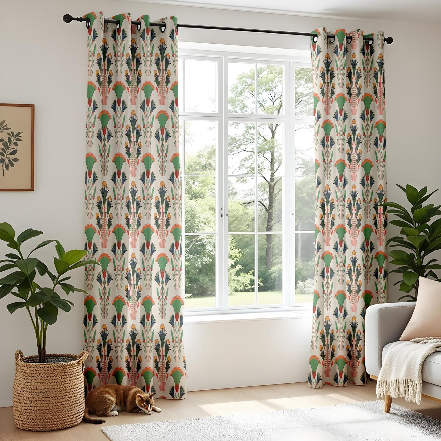 Onay Green Orange Art Deco Fan Curtains – Egyptian Revival Papyrus Drapes