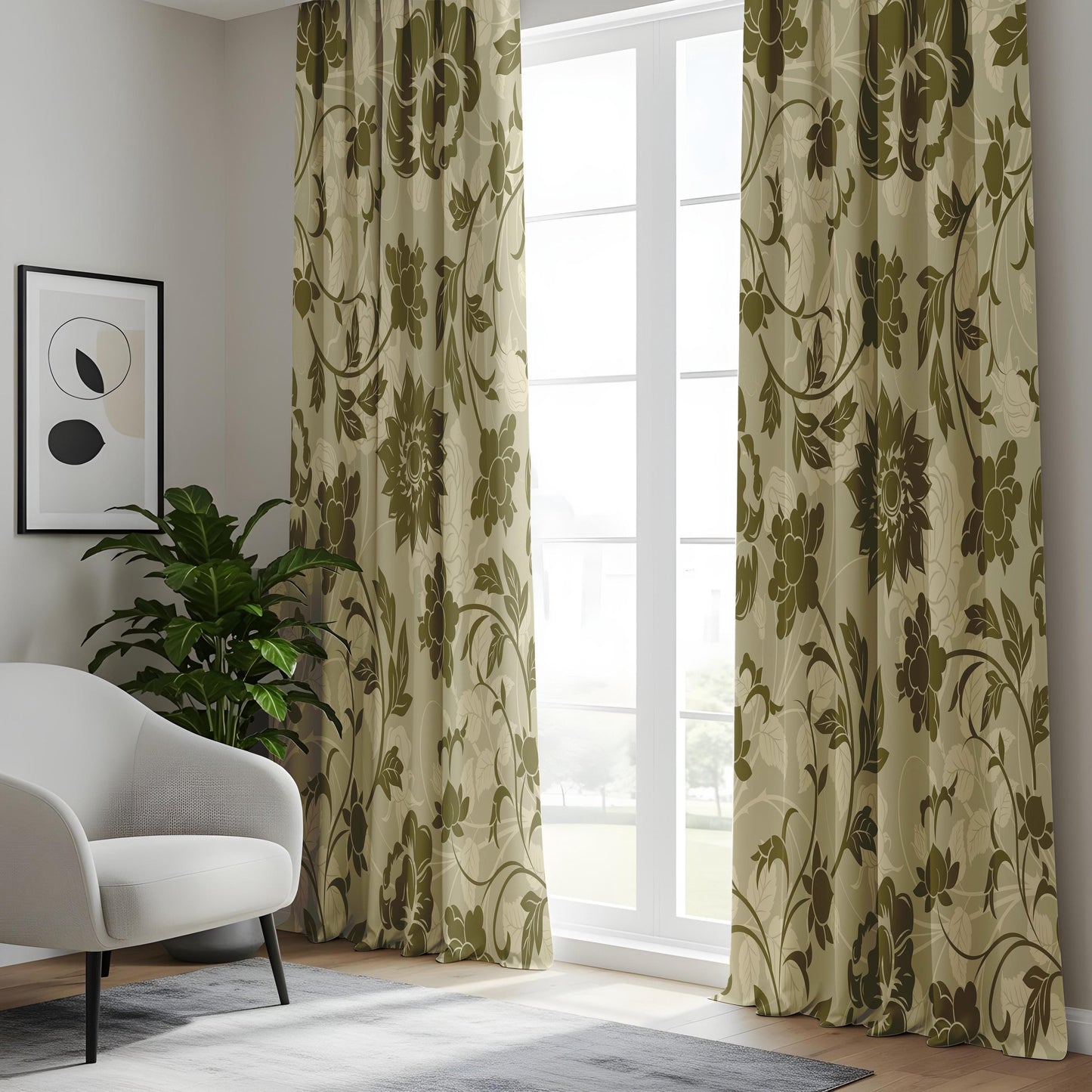 Onay Olive Green Floral Vine Curtains – Sage Moss Botanical Drapes