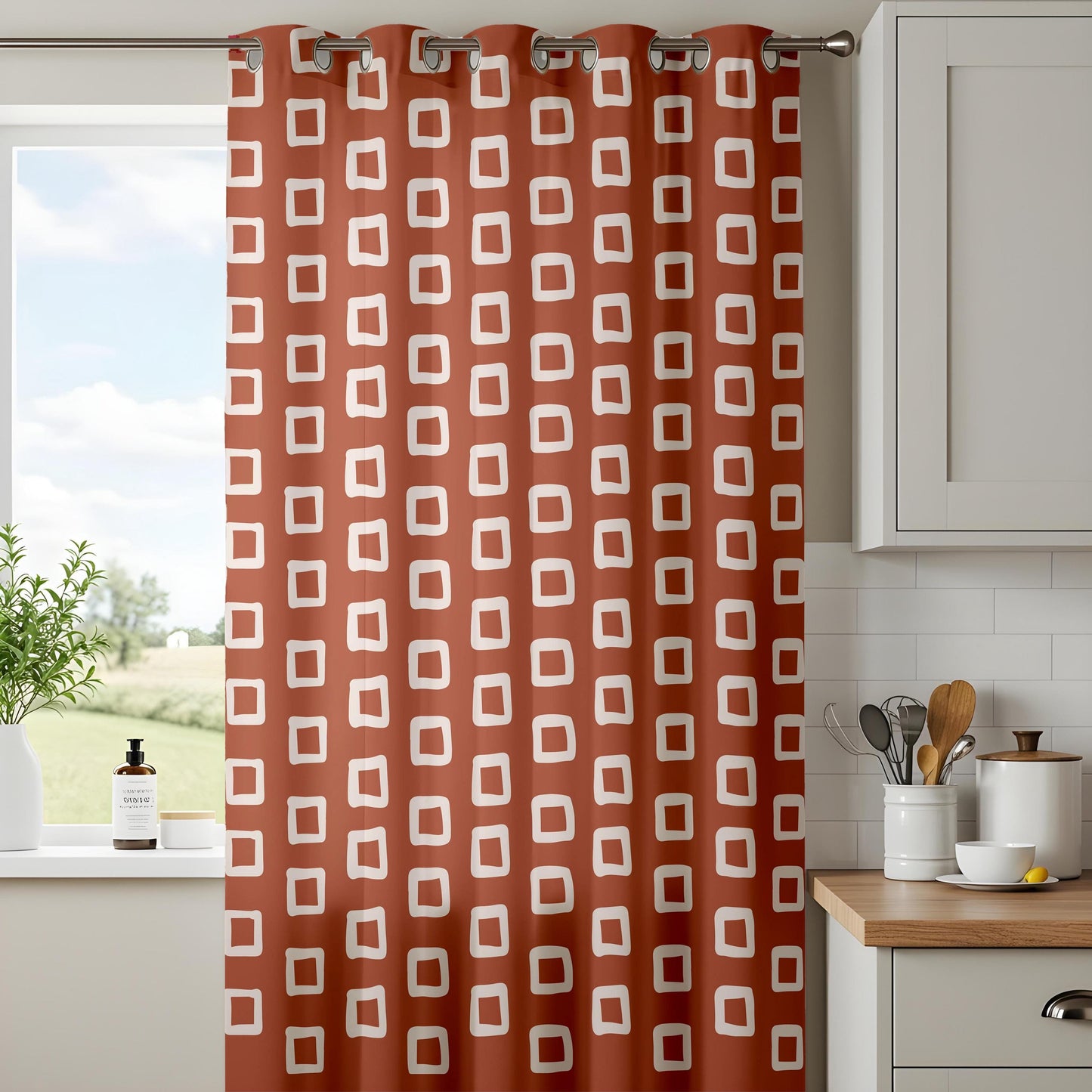 Onay Terracotta Rust Geometric Curtains – Retro Mid Century Rectangle Drapes