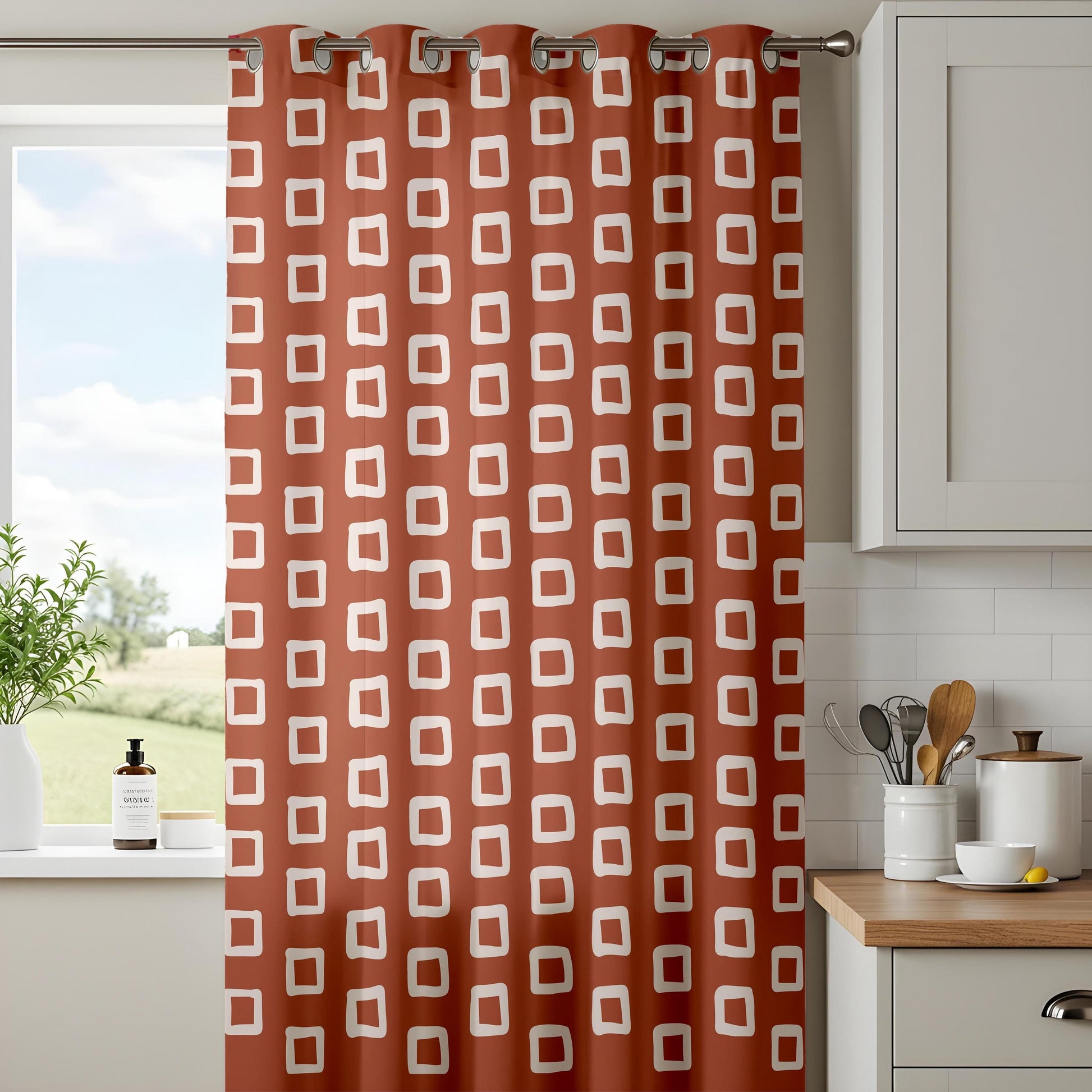 Onay Terracotta Rust Geometric Curtains – Retro Mid Century Rectangle Drapes