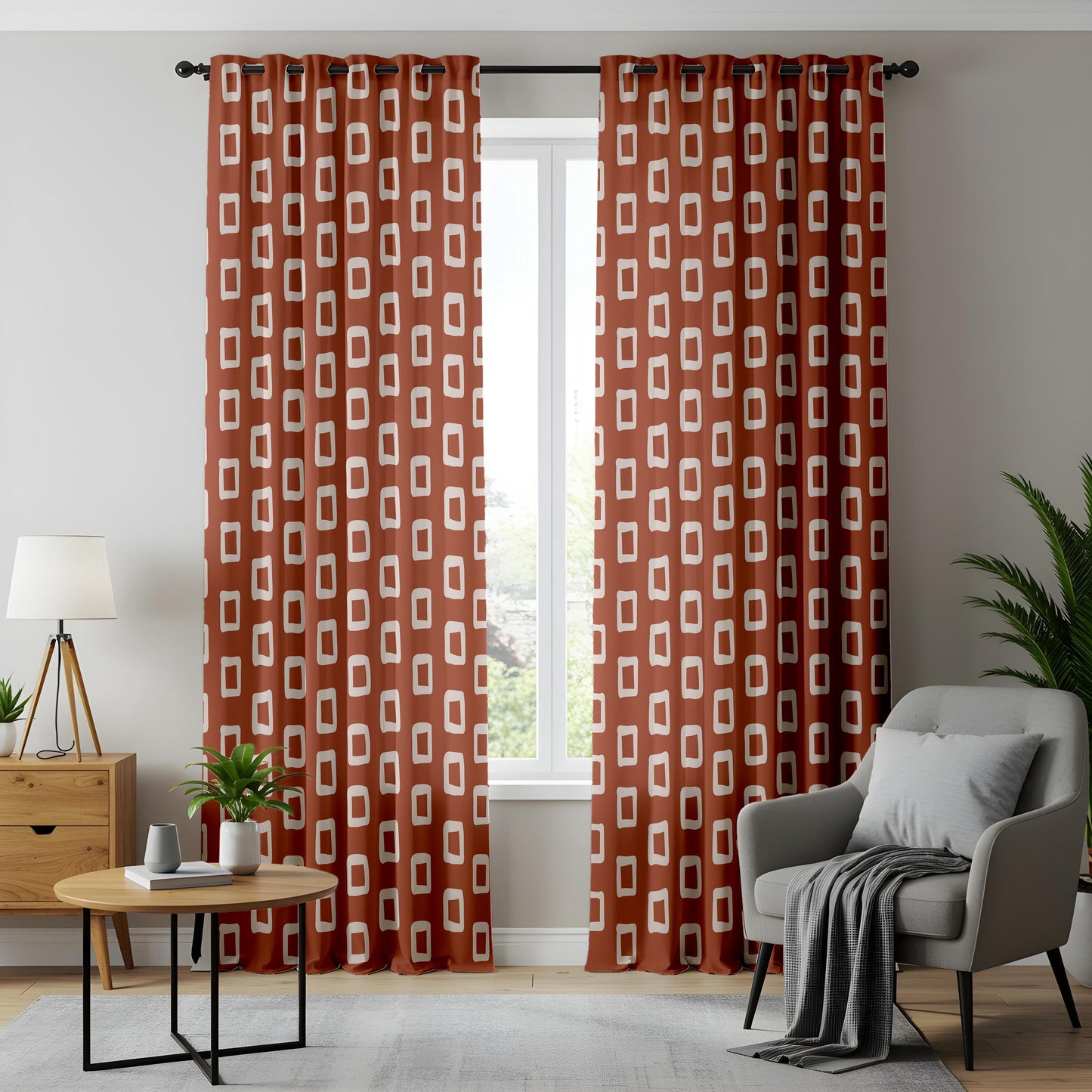 Onay Terracotta Rust Geometric Curtains – Retro Mid Century Rectangle Drapes