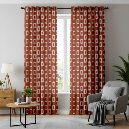 Onay Terracotta Rust Geometric Curtains – Retro Mid Century Rectangle Drapes
