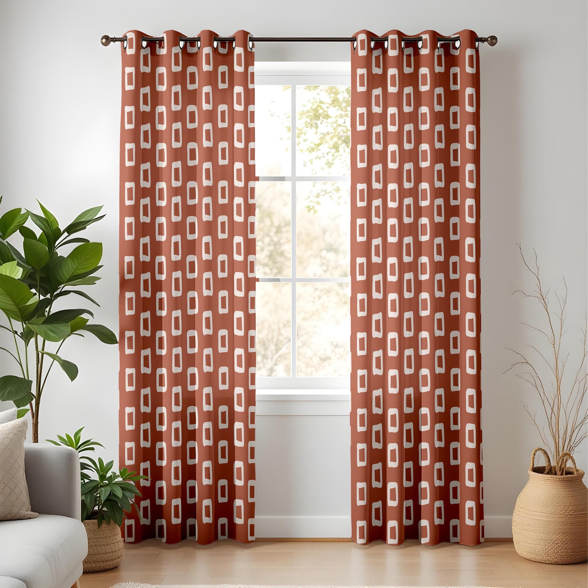 Onay Terracotta Rust Geometric Curtains – Retro Mid Century Rectangle Drapes