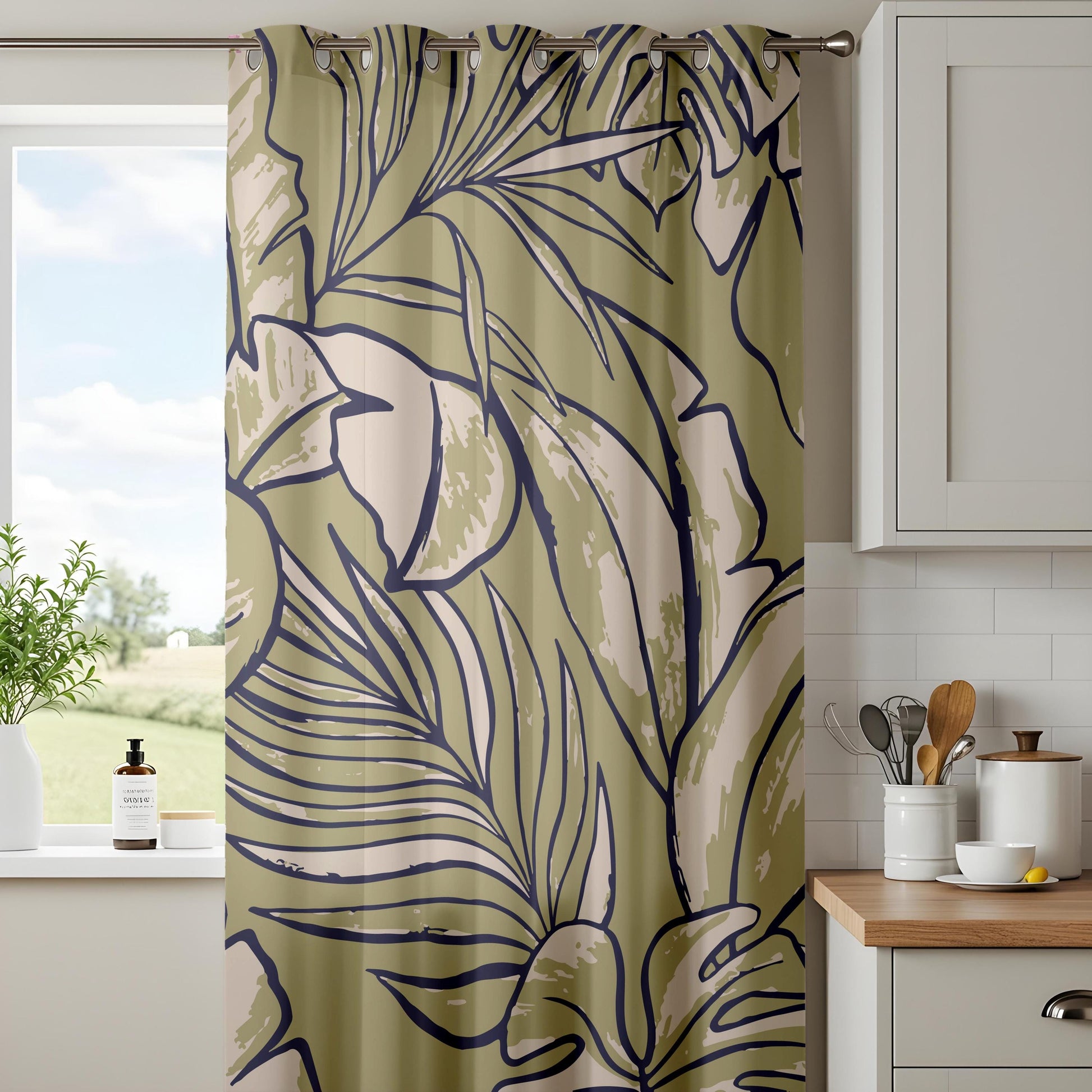 Onay Olive Green Abstract Tropical Curtains – Modern Leaf Line Art Drapes