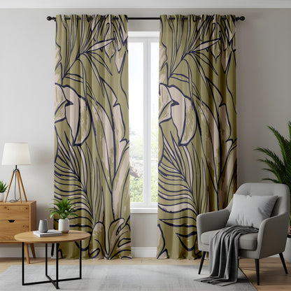 Onay Olive Green Abstract Tropical Curtains – Modern Leaf Line Art Drapes