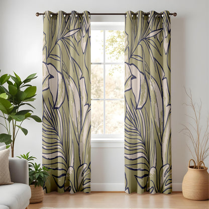 Onay Olive Green Abstract Tropical Curtains – Modern Leaf Line Art Drapes