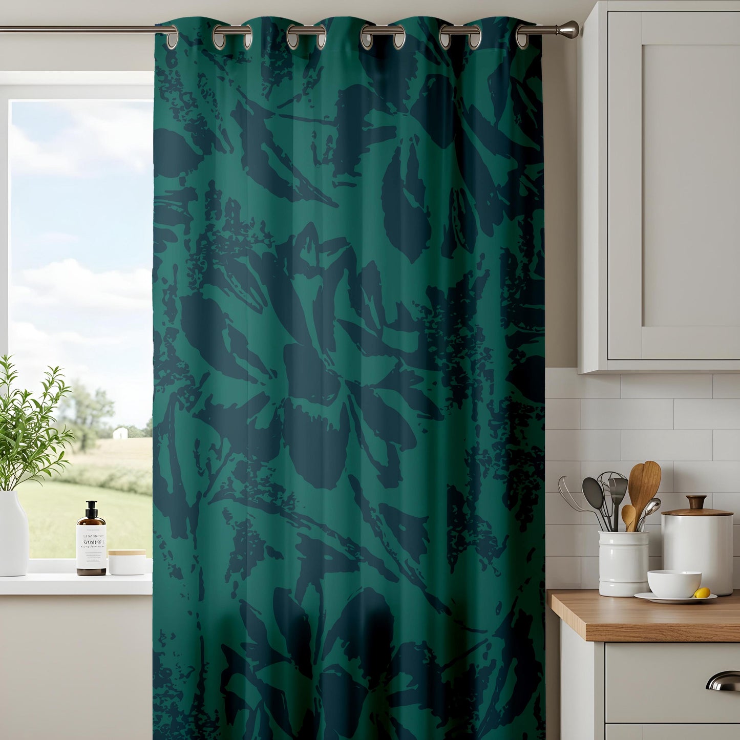 Onay Dark Emerald Green Abstract Floral Curtains – Moody Shadow Leaf Drapes