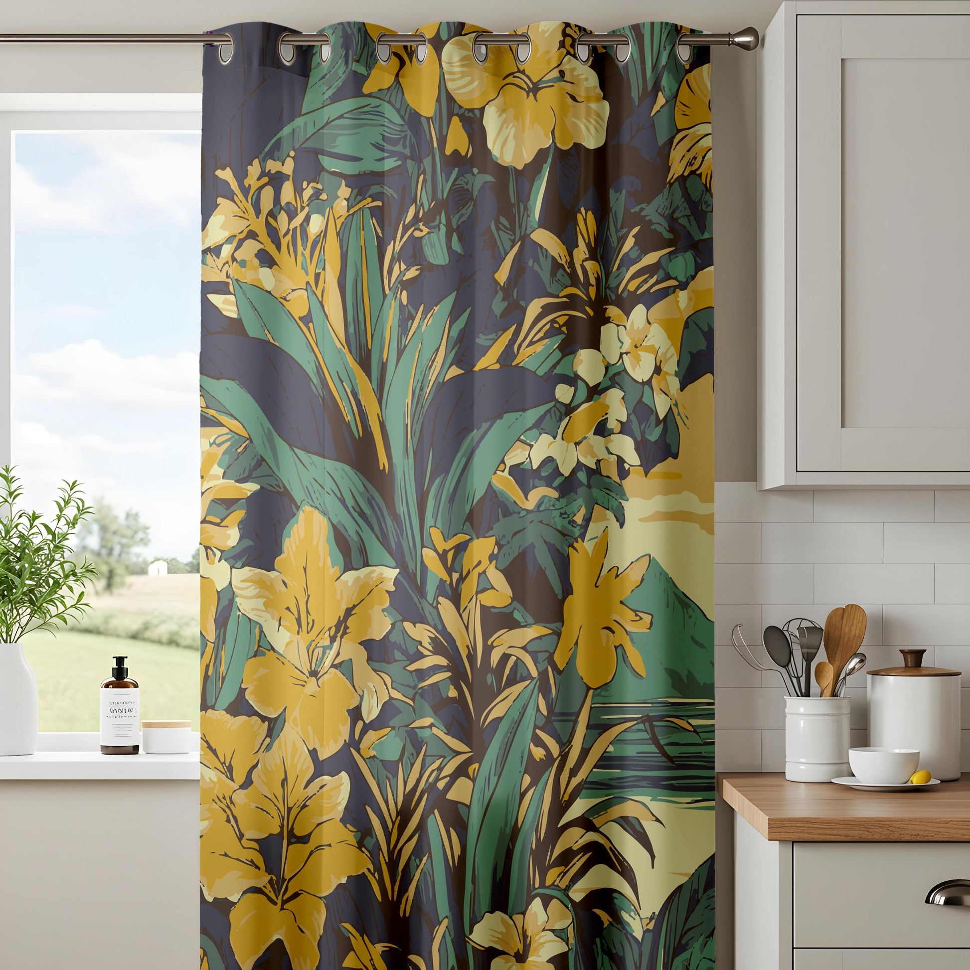 Onay Mustard Yellow Floral Curtains – Dark Green Botanical Drapes