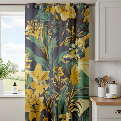 Onay Mustard Yellow Floral Curtains – Dark Green Botanical Drapes