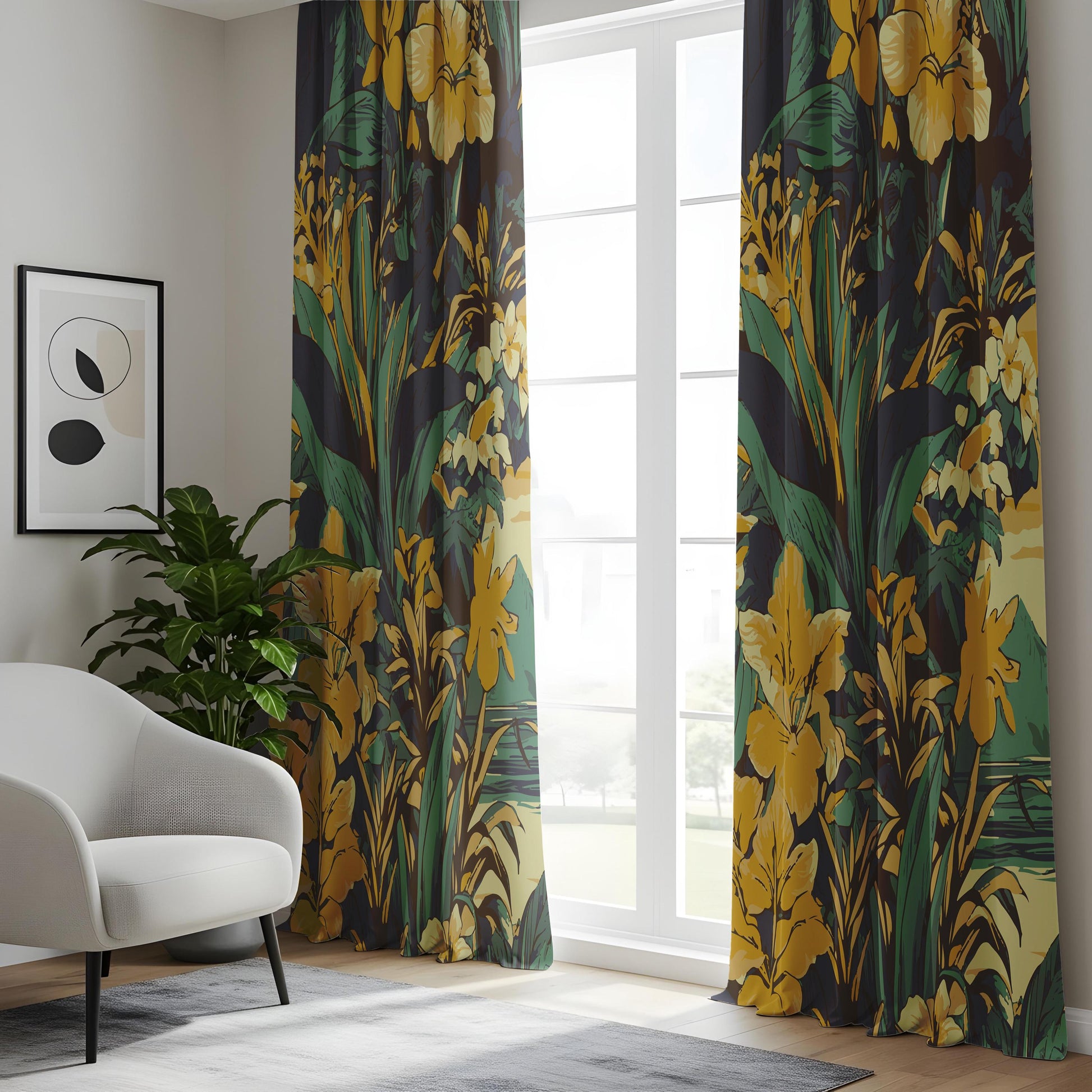 Onay Mustard Yellow Floral Curtains – Dark Green Botanical Drapes