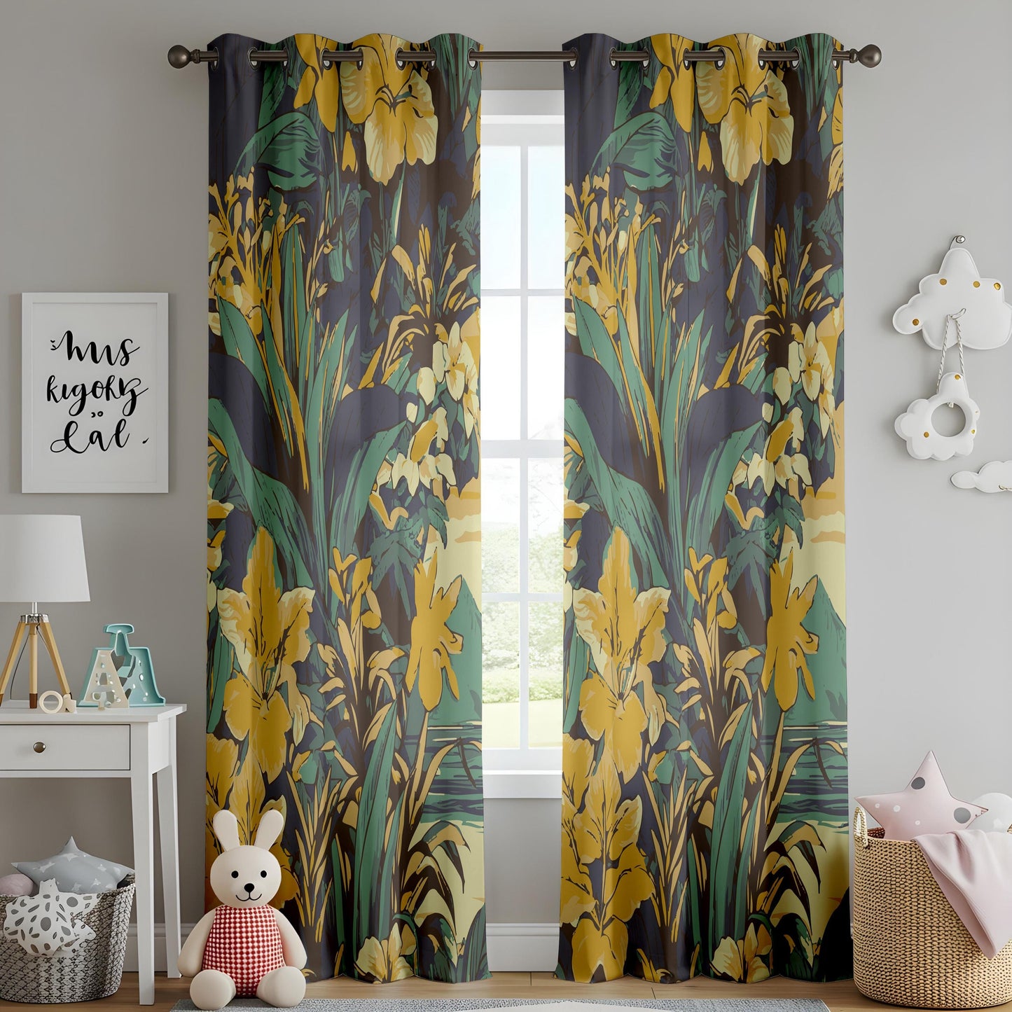 Onay Mustard Yellow Floral Curtains – Dark Green Botanical Drapes