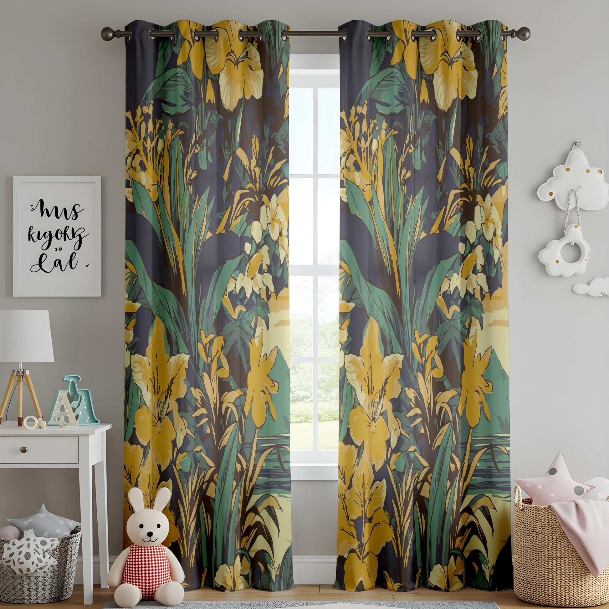 Onay Mustard Yellow Floral Curtains – Dark Green Botanical Drapes