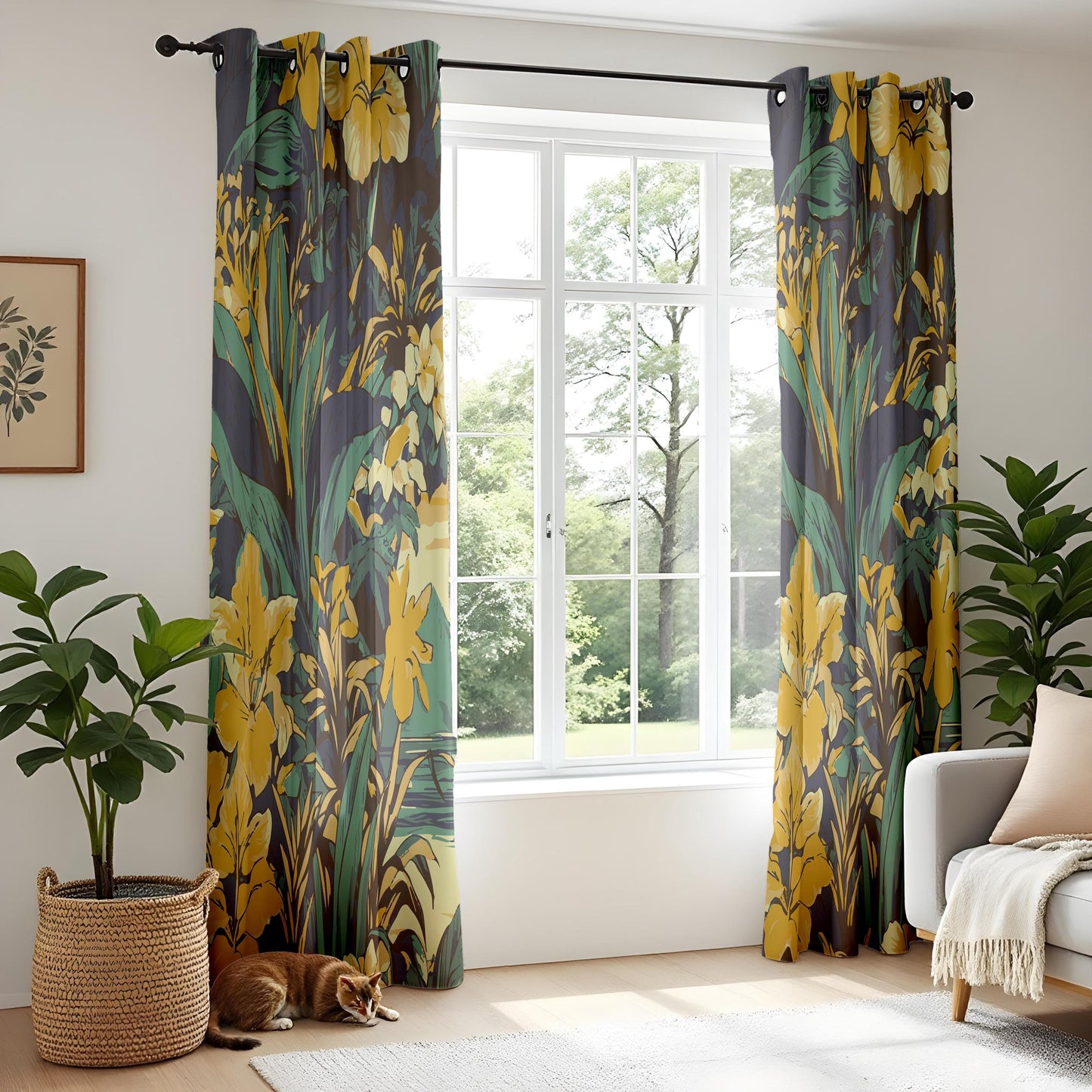 Onay Mustard Yellow Floral Curtains – Dark Green Botanical Drapes