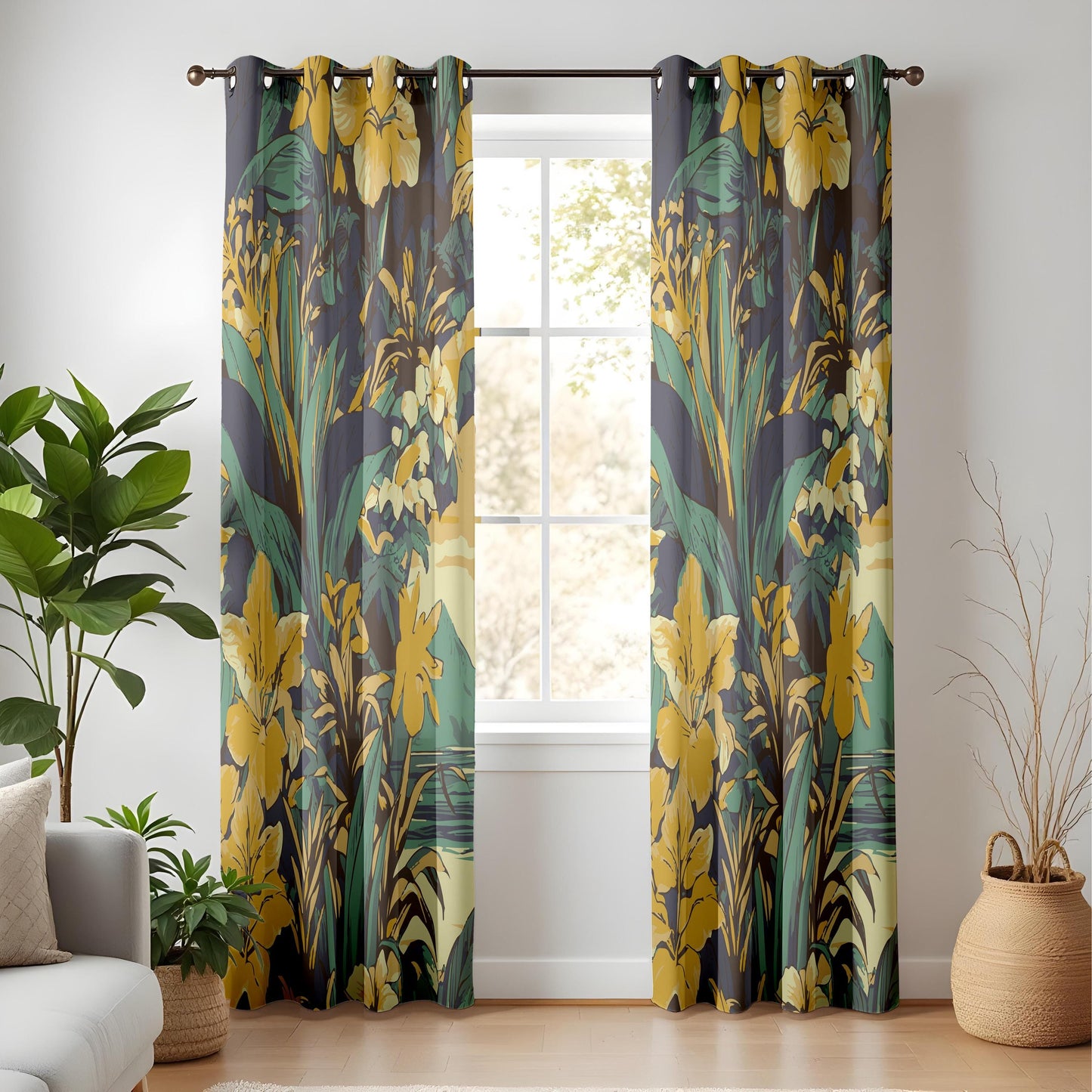 Onay Mustard Yellow Floral Curtains – Dark Green Botanical Drapes