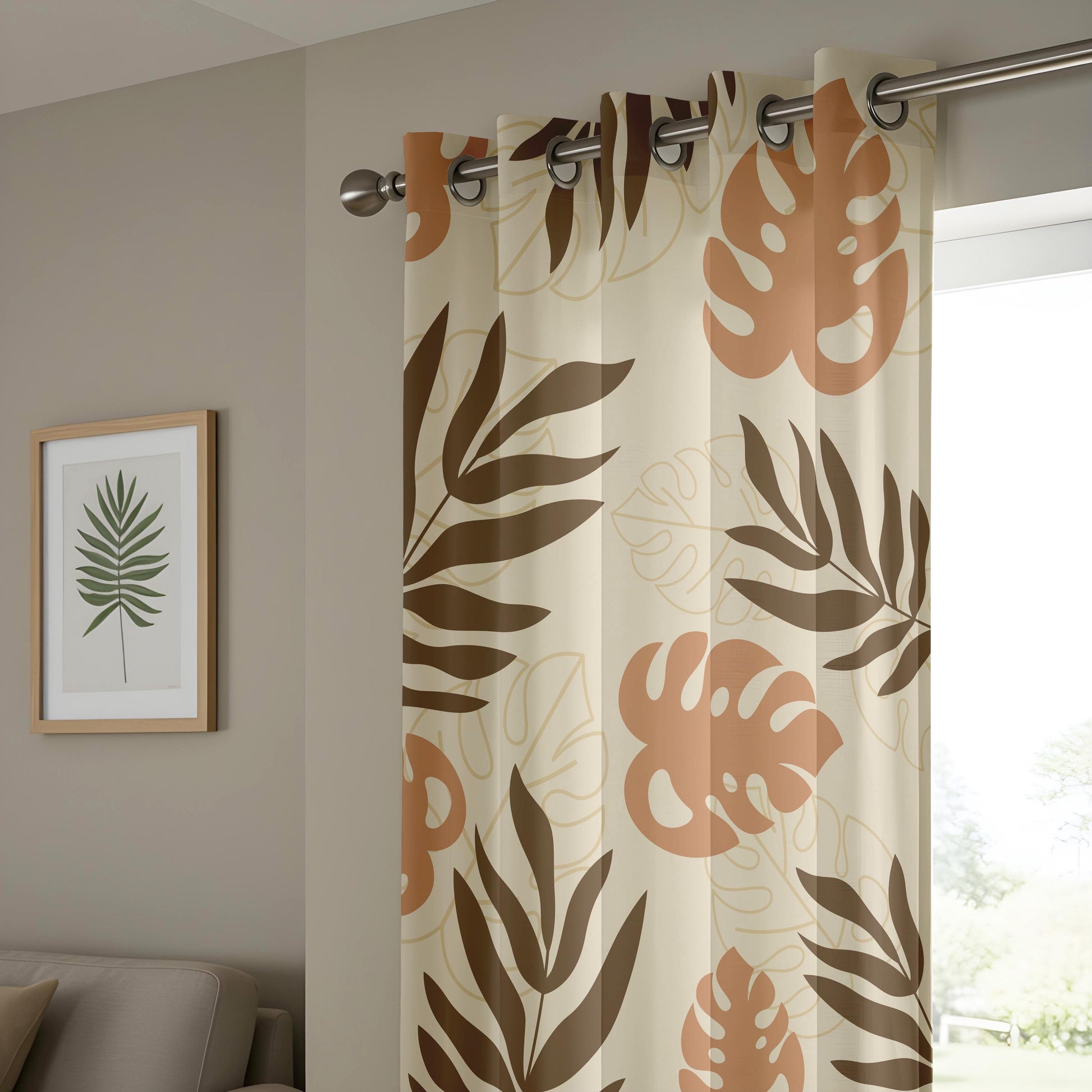 Onay Terracotta Brown Tropical Leaf Curtains – Boho Abstract Monstera Drapes