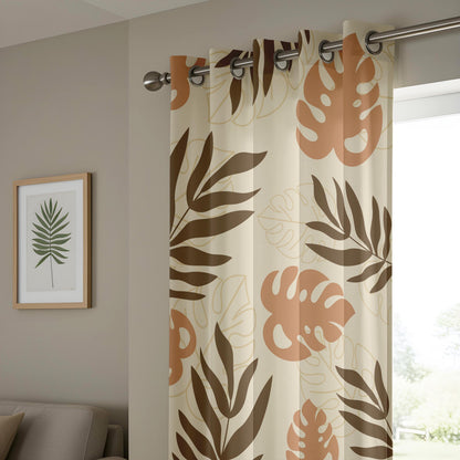 Onay Terracotta Brown Tropical Leaf Curtains – Boho Abstract Monstera Drapes