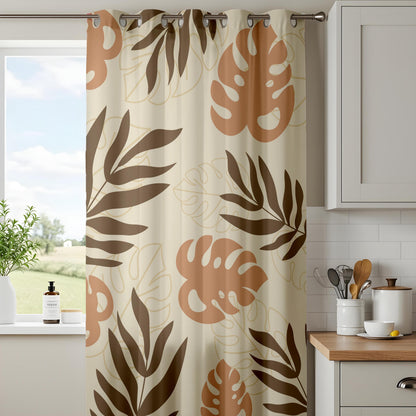 Onay Terracotta Brown Tropical Leaf Curtains – Boho Abstract Monstera Drapes
