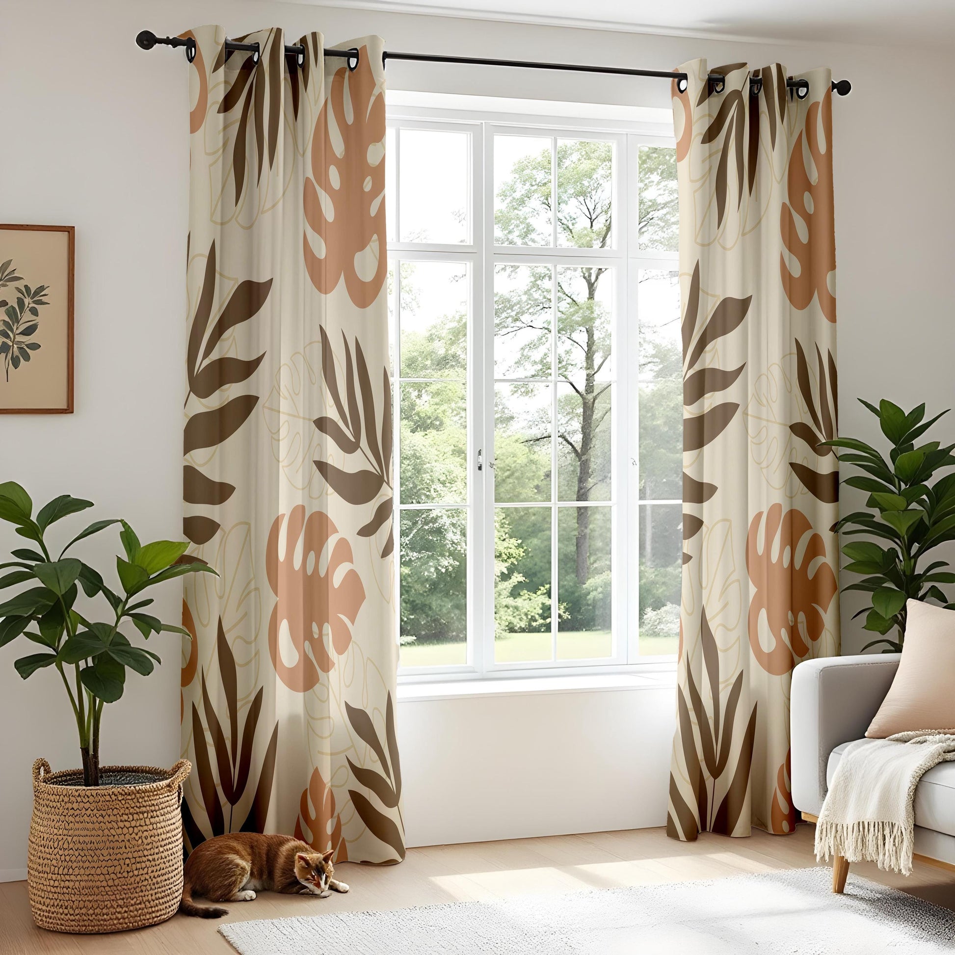 Onay Terracotta Brown Tropical Leaf Curtains – Boho Abstract Monstera Drapes
