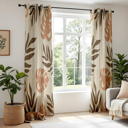 Onay Terracotta Brown Tropical Leaf Curtains – Boho Abstract Monstera Drapes