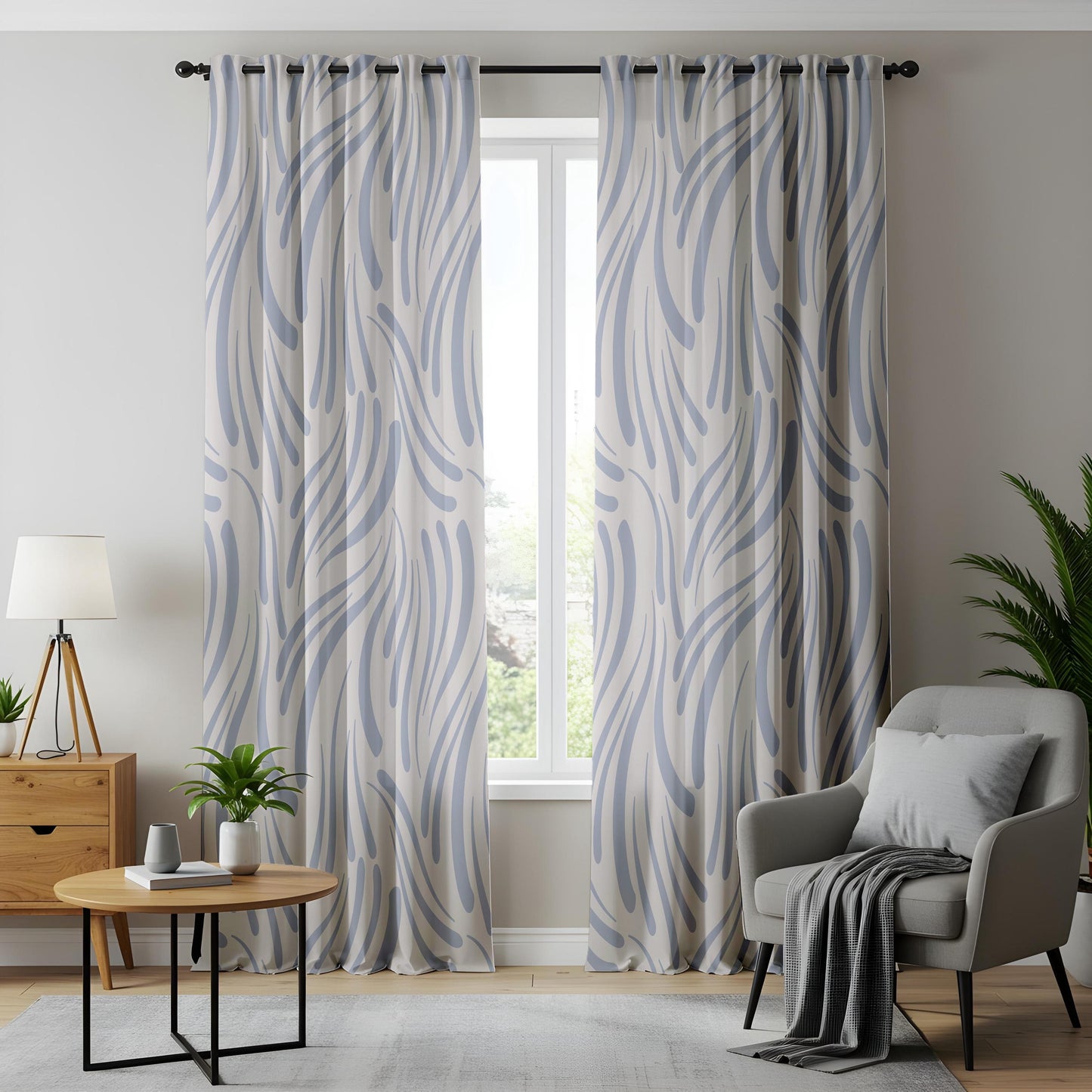 Onay Soft Blue Abstract Wave Curtains – Modern Coastal Zebra Stripe Drapes