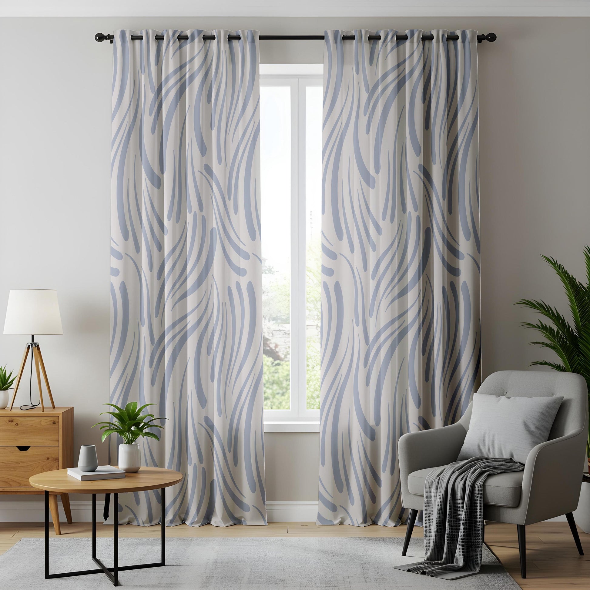 Onay Soft Blue Abstract Wave Curtains – Modern Coastal Zebra Stripe Drapes