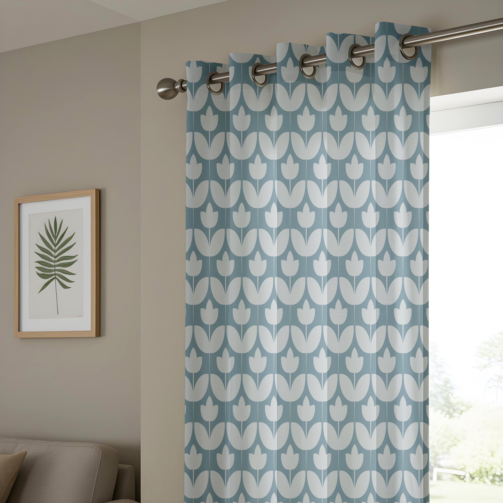Onay Dusty Blue Geometric Tulip Curtains – Mid Century Modern Scallop Drapes