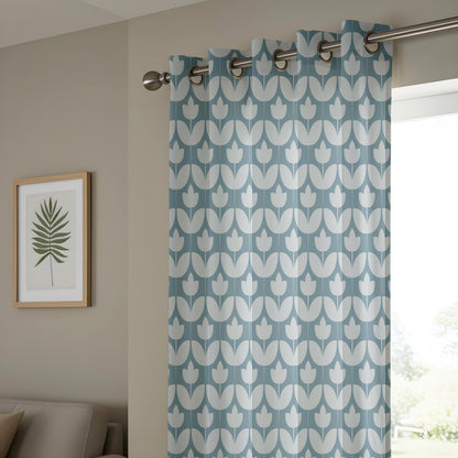 Onay Dusty Blue Geometric Tulip Curtains – Mid Century Modern Scallop Drapes