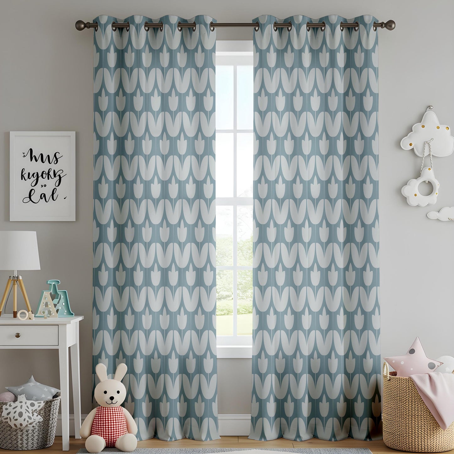 Onay Dusty Blue Geometric Tulip Curtains – Mid Century Modern Scallop Drapes