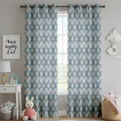 Onay Dusty Blue Geometric Tulip Curtains – Mid Century Modern Scallop Drapes
