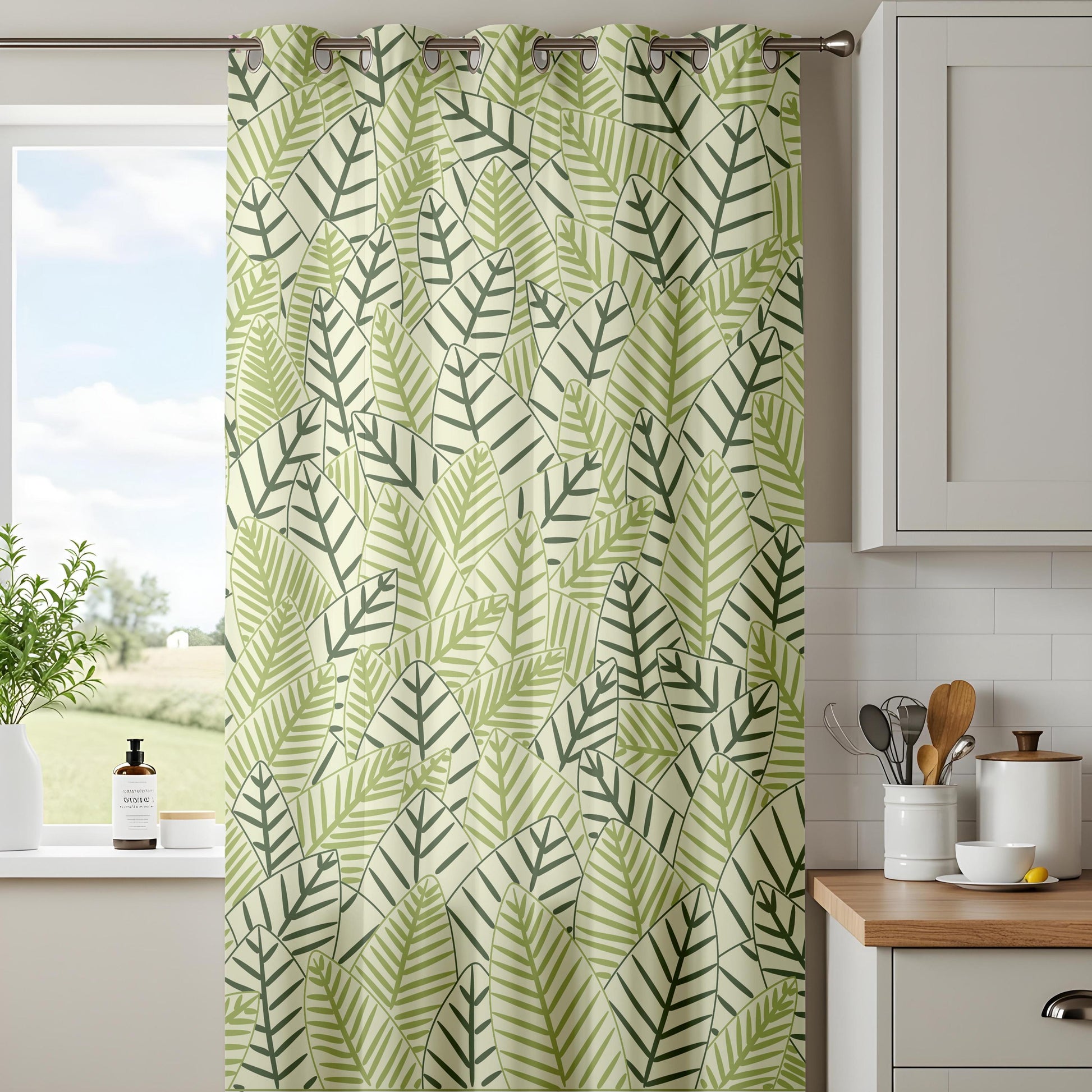 Onay Sage Green Geometric Leaf Curtains – Modern Scandi Fern Drapes