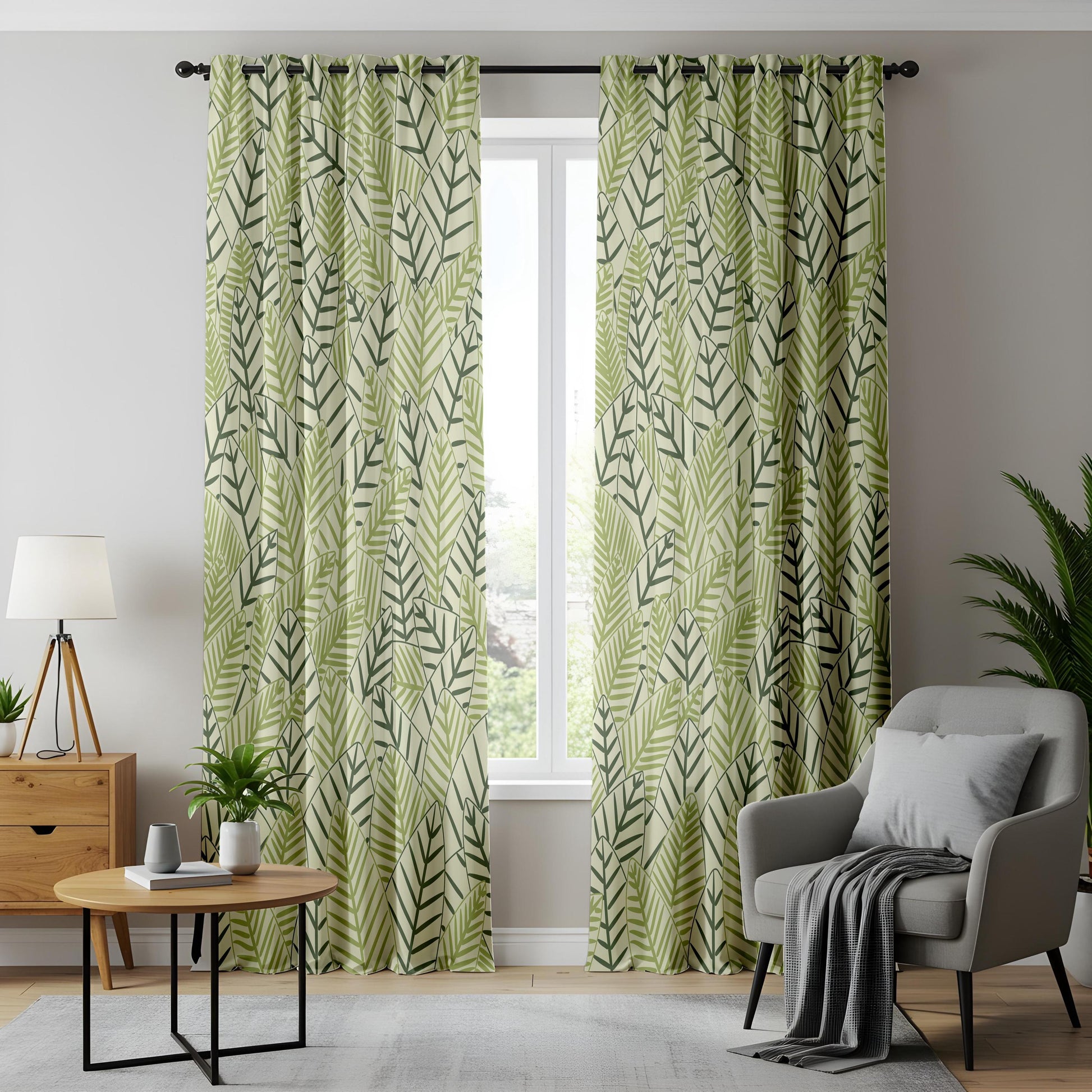 Onay Sage Green Geometric Leaf Curtains – Modern Scandi Fern Drapes