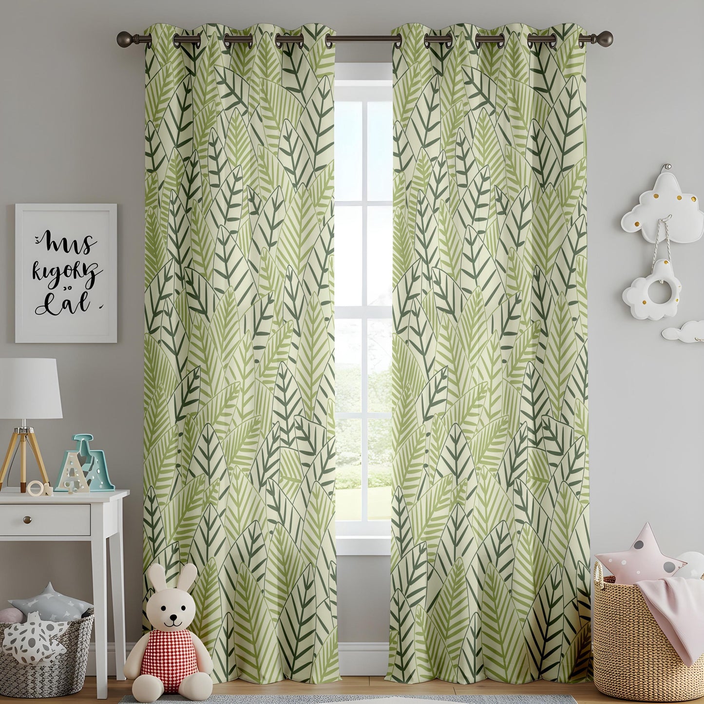 Onay Sage Green Geometric Leaf Curtains – Modern Scandi Fern Drapes