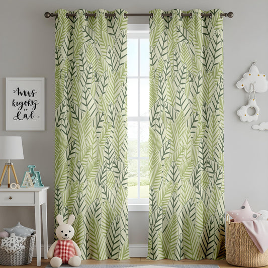Onay Sage Green Geometric Leaf Curtains – Modern Scandi Fern Drapes